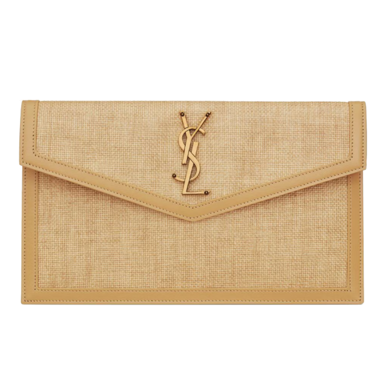 SAINT LAURENT  UPTOWN pouch in micro raffia,NATURAL HAY & BLUSH