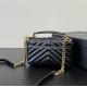 SAINT LAURENT Sheepskin Matelasse Chevron Monogram College Chain Wallet Deep Marine