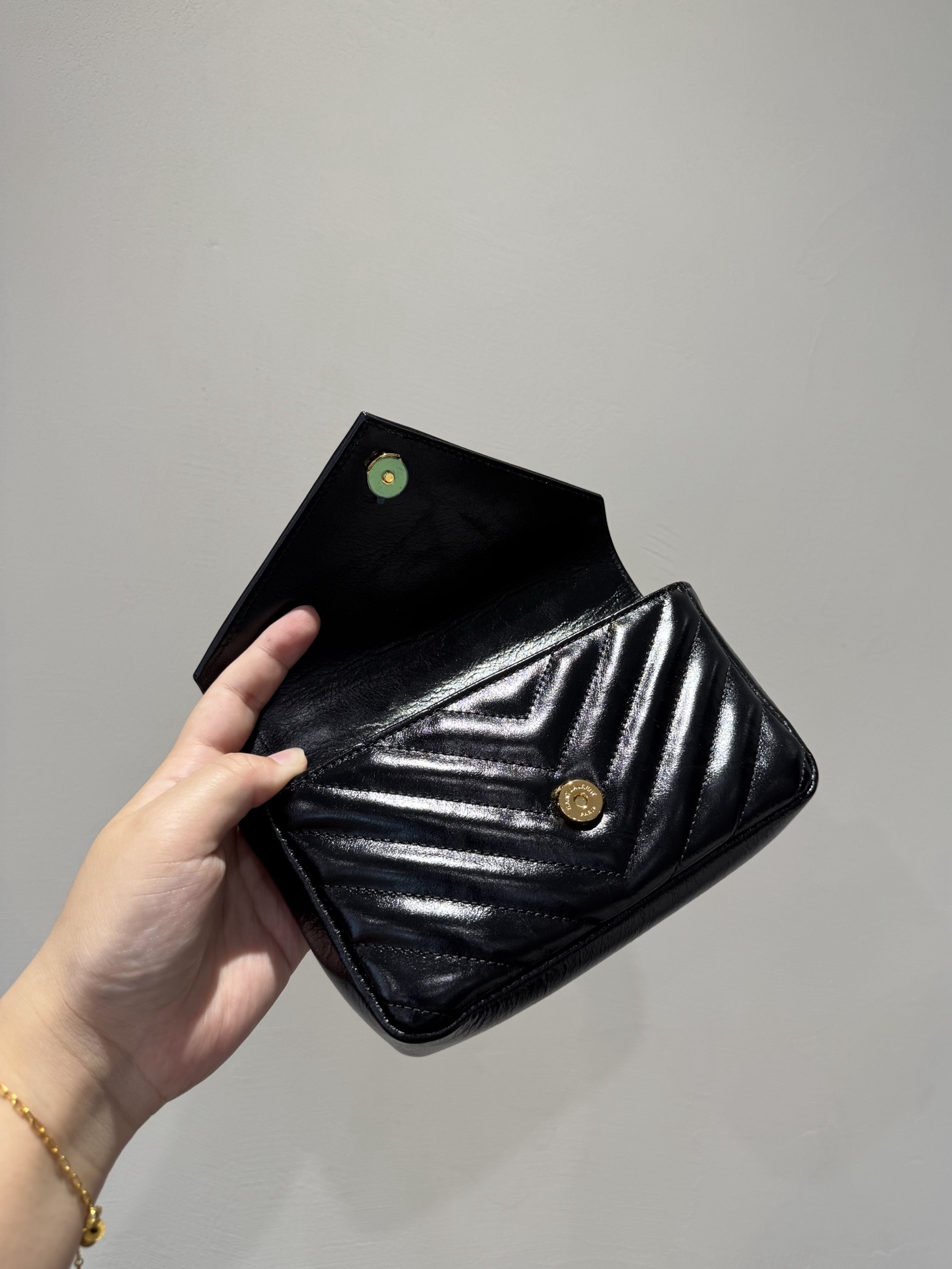 SAINT LAURENT Sheepskin Matelasse Chevron Monogram College Chain Wallet Deep Marine