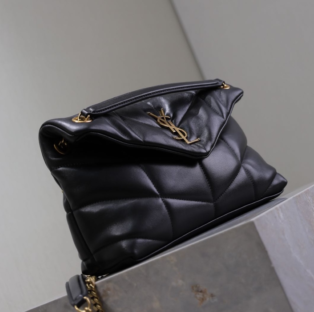 SAINT LAURENT Lambskin Quilted Medium Loulou Puffer Monogram Chain Satchel Black