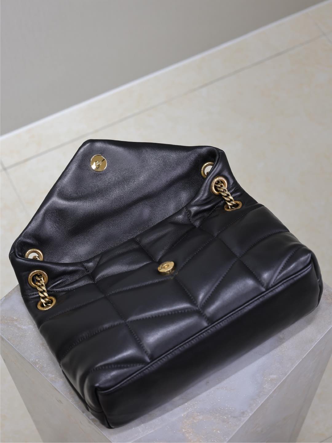 SAINT LAURENT Lambskin Quilted Medium Loulou Puffer Monogram Chain Satchel Black