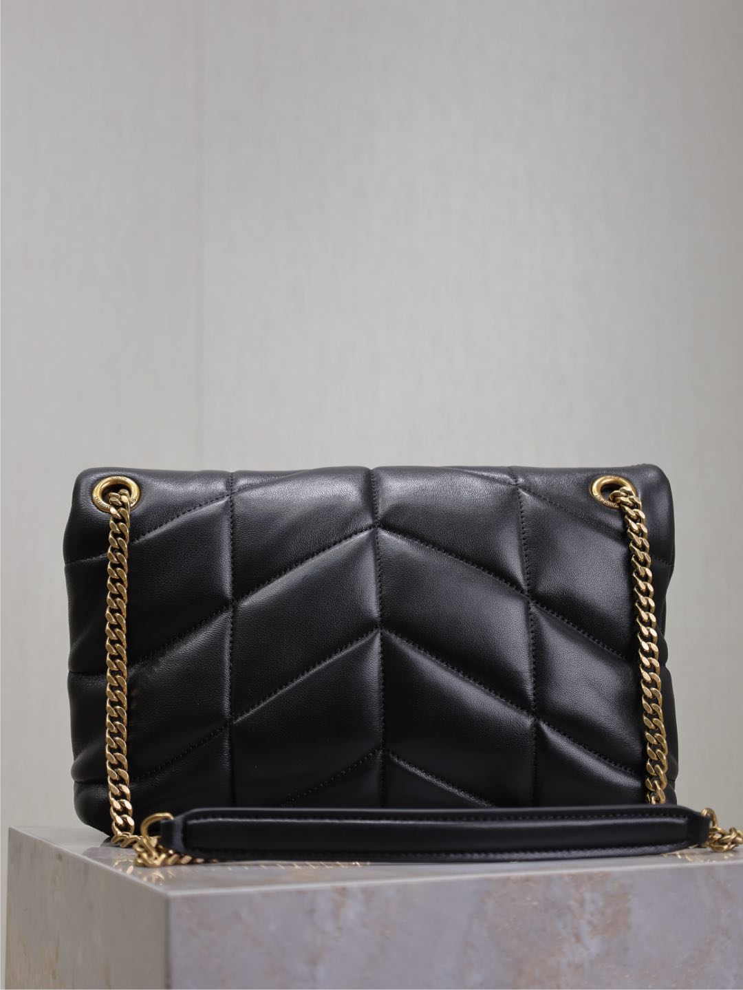 SAINT LAURENT Lambskin Quilted Medium Loulou Puffer Monogram Chain Satchel Black