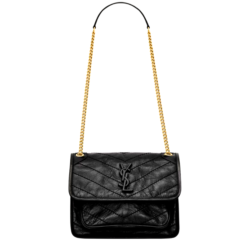 SAINT LAURENT Lambskin Quilted Medium Loulou Puffer Monogram Chain Satchel Black