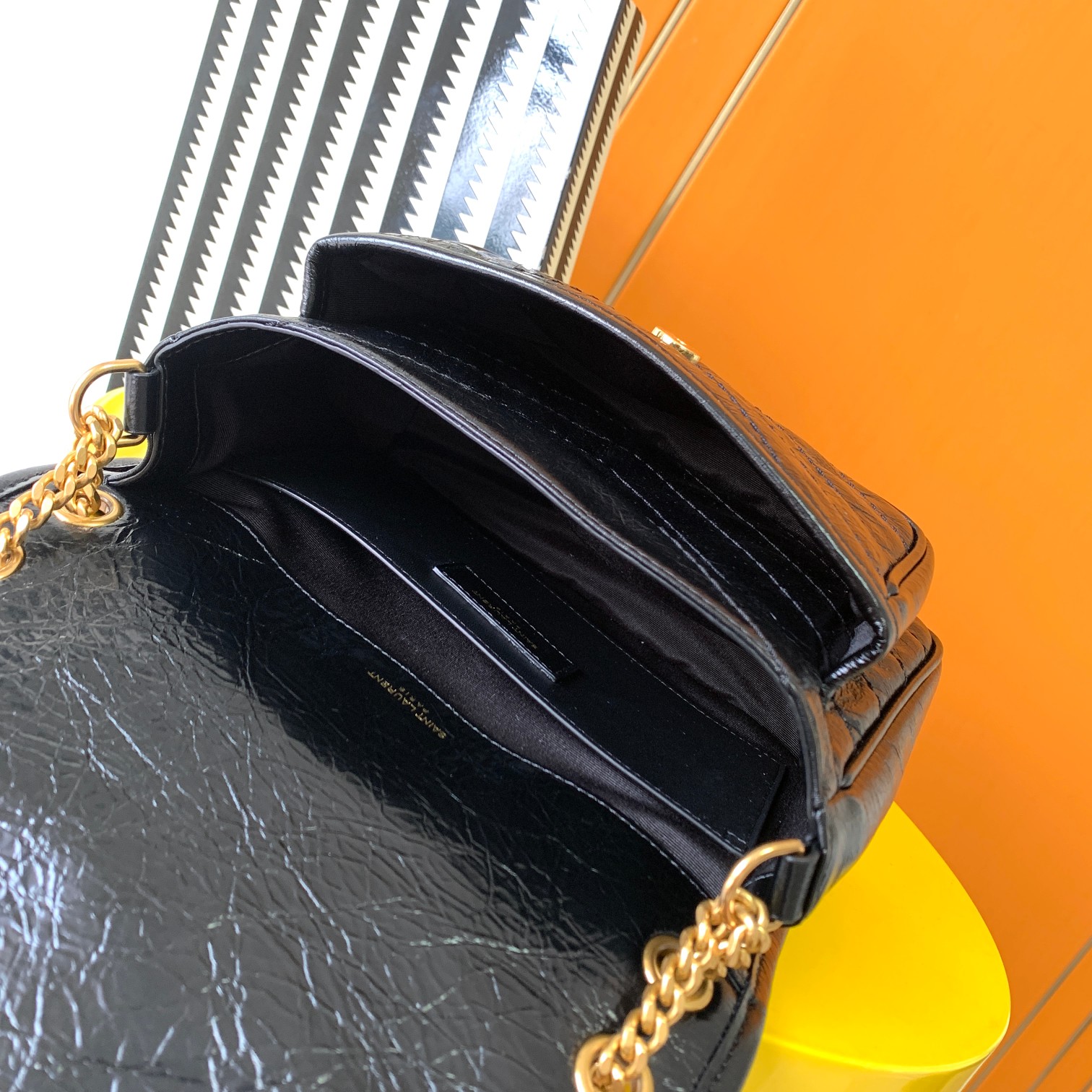 SAINT LAURENT Lambskin Quilted Medium Loulou Puffer Monogram Chain Satchel Black