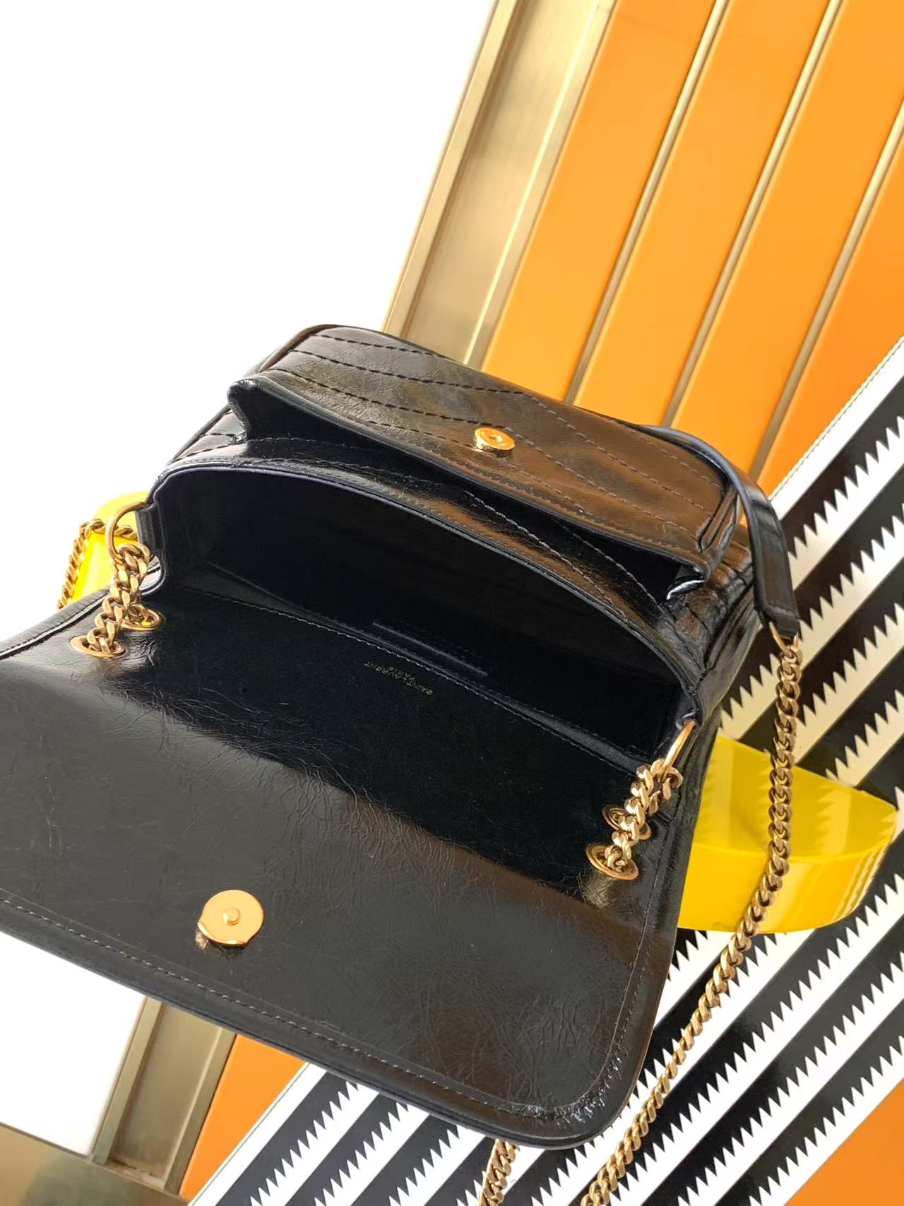 SAINT LAURENT Lambskin Quilted Medium Loulou Puffer Monogram Chain Satchel Black