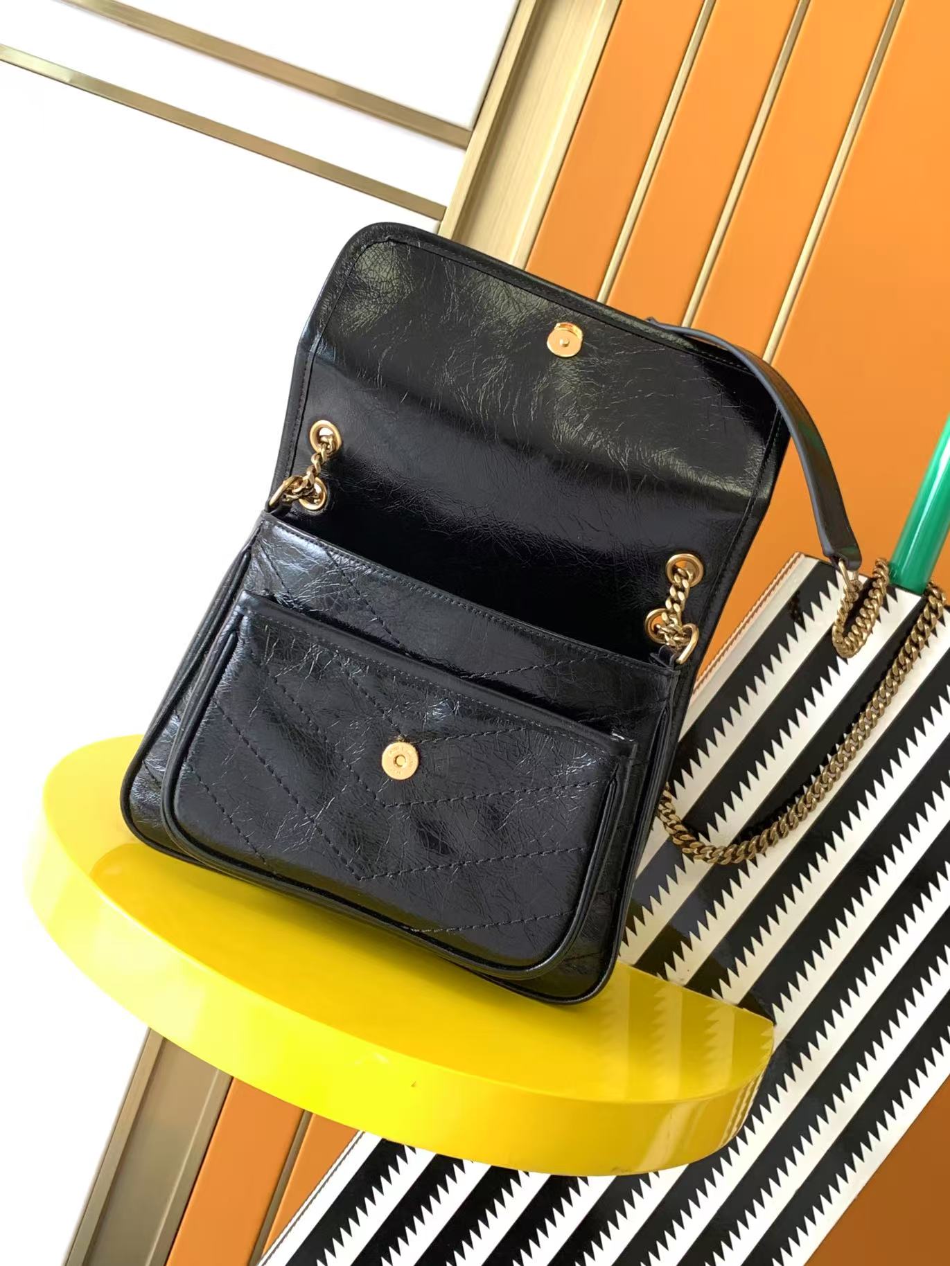 SAINT LAURENT Lambskin Quilted Medium Loulou Puffer Monogram Chain Satchel Black