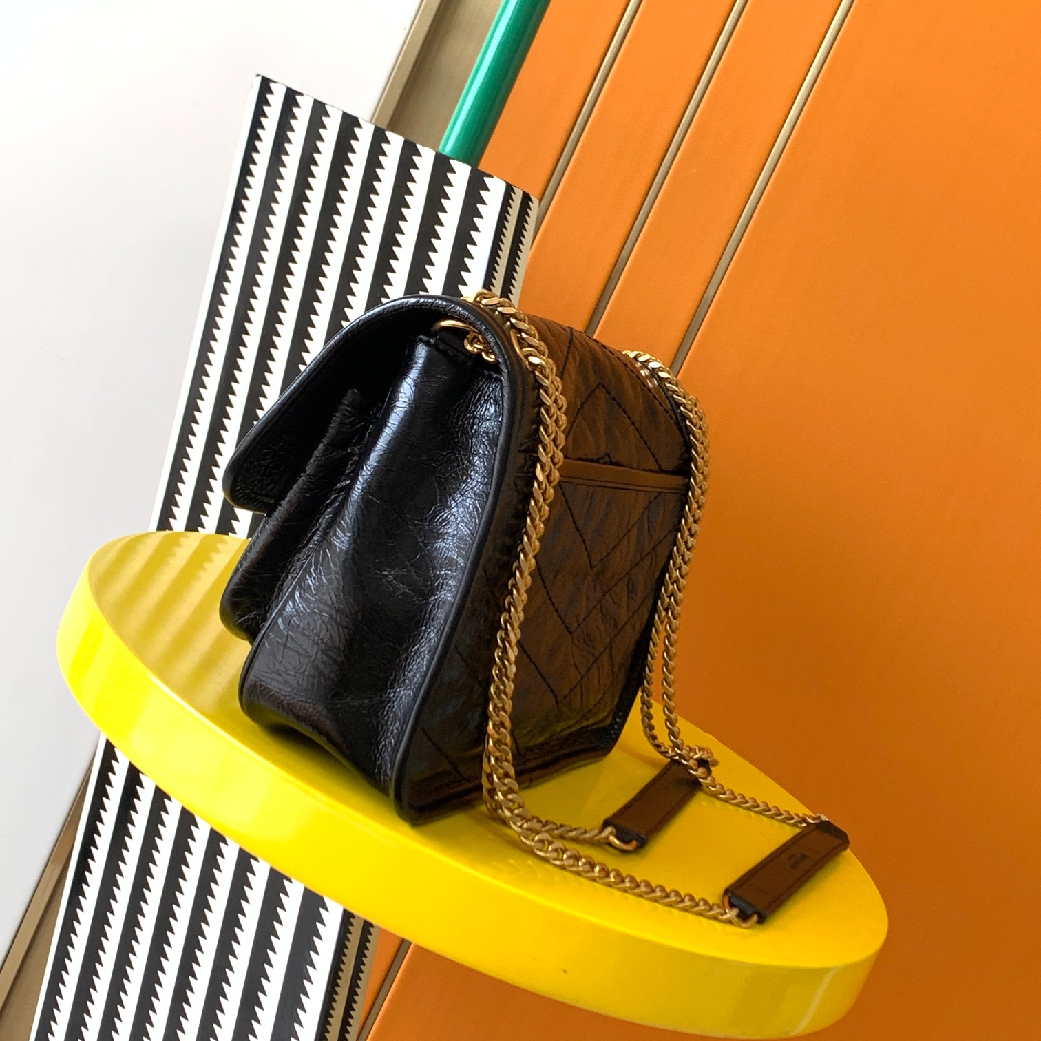 SAINT LAURENT Lambskin Quilted Medium Loulou Puffer Monogram Chain Satchel Black