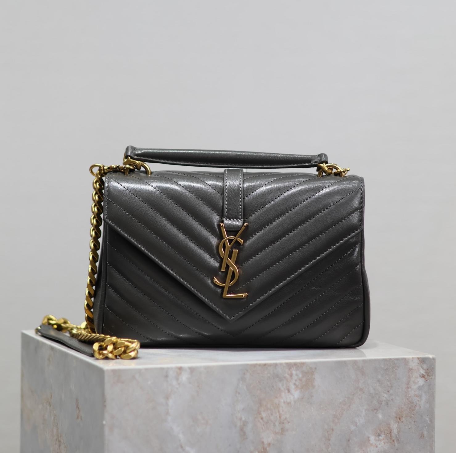 SAINT LAURENT Sheepskin Matelasse Chevron Monogram Medium College Bag Light Coal