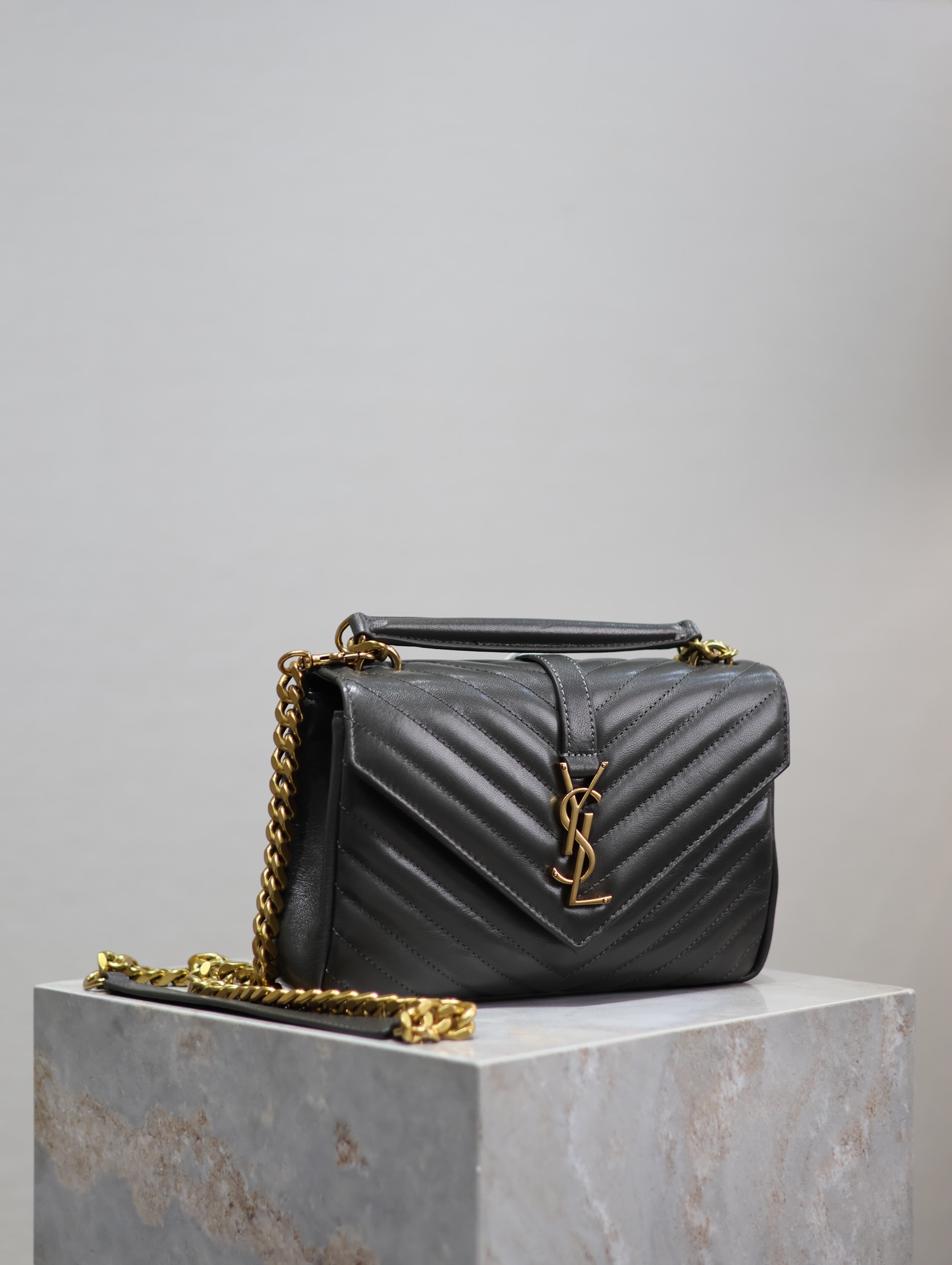 SAINT LAURENT Sheepskin Matelasse Chevron Monogram Medium College Bag Light Coal