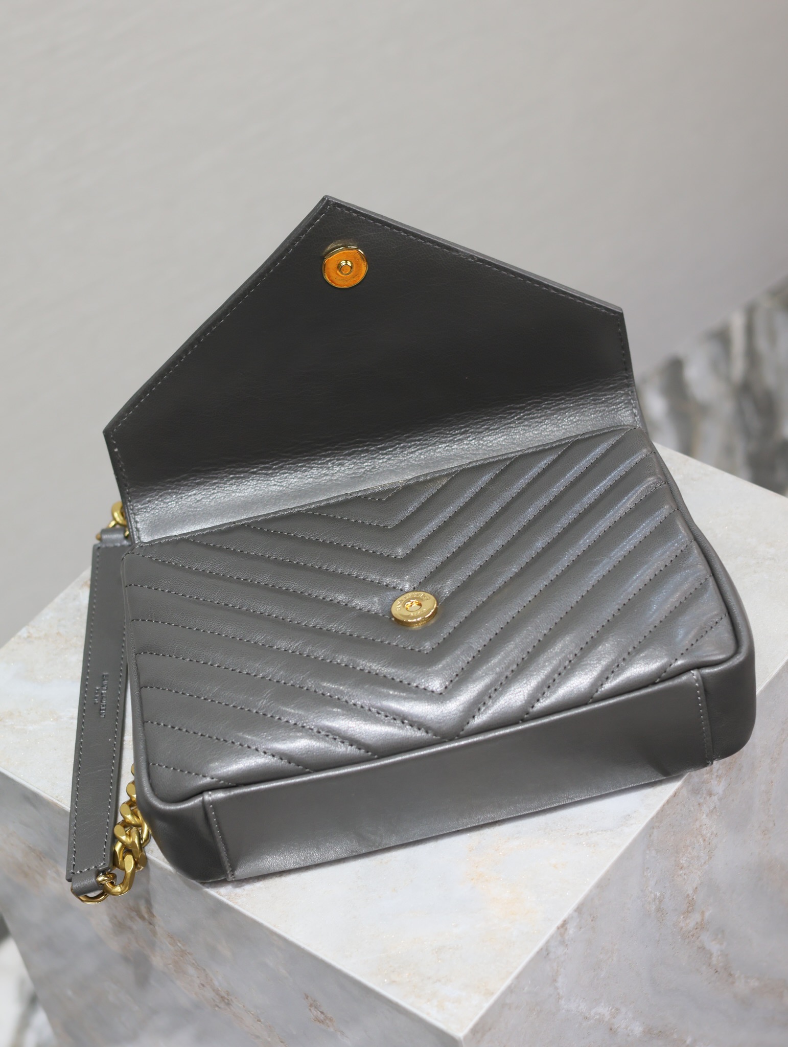 SAINT LAURENT Sheepskin Matelasse Chevron Monogram Medium College Bag Light Coal