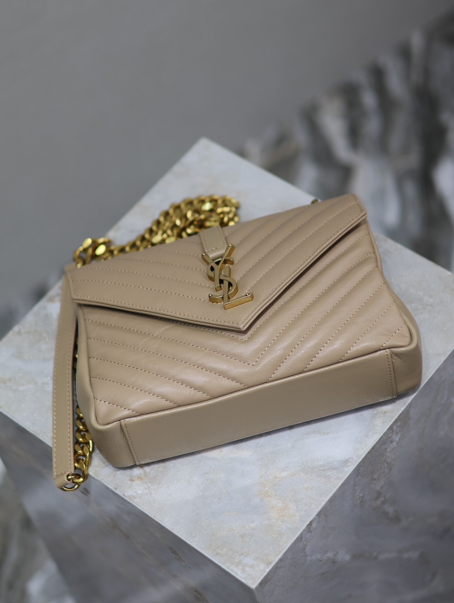 SAINT LAURENT Medium Monogram Matelasse College Bag, Neutrals