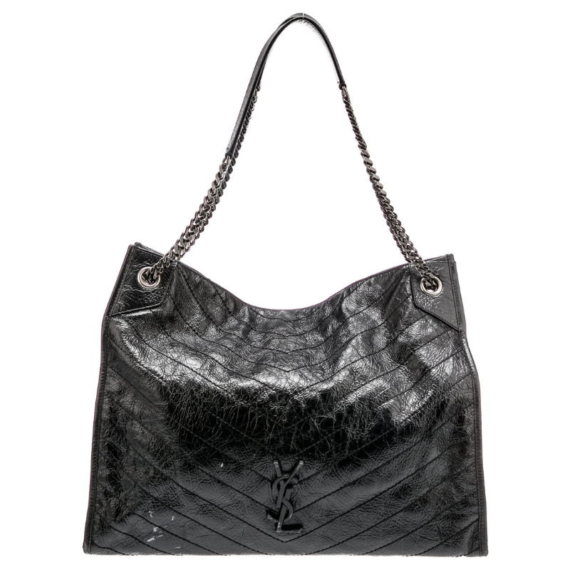 SAINT LAURENT Crinkled Calfskin Matelasse Monogram Niki Shopper Tote Black
