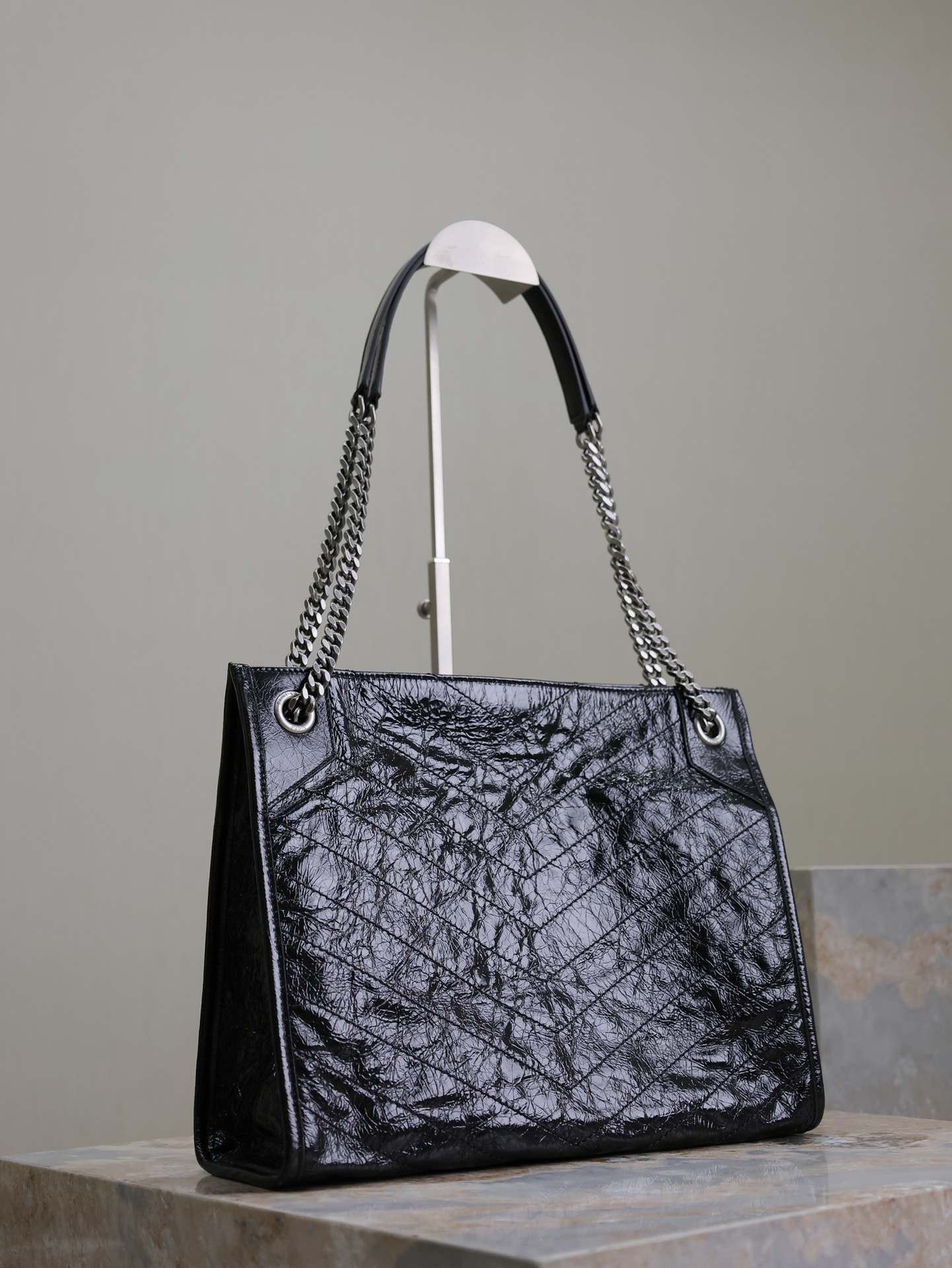 SAINT LAURENT Crinkled Calfskin Matelasse Monogram Niki Shopper Tote Black