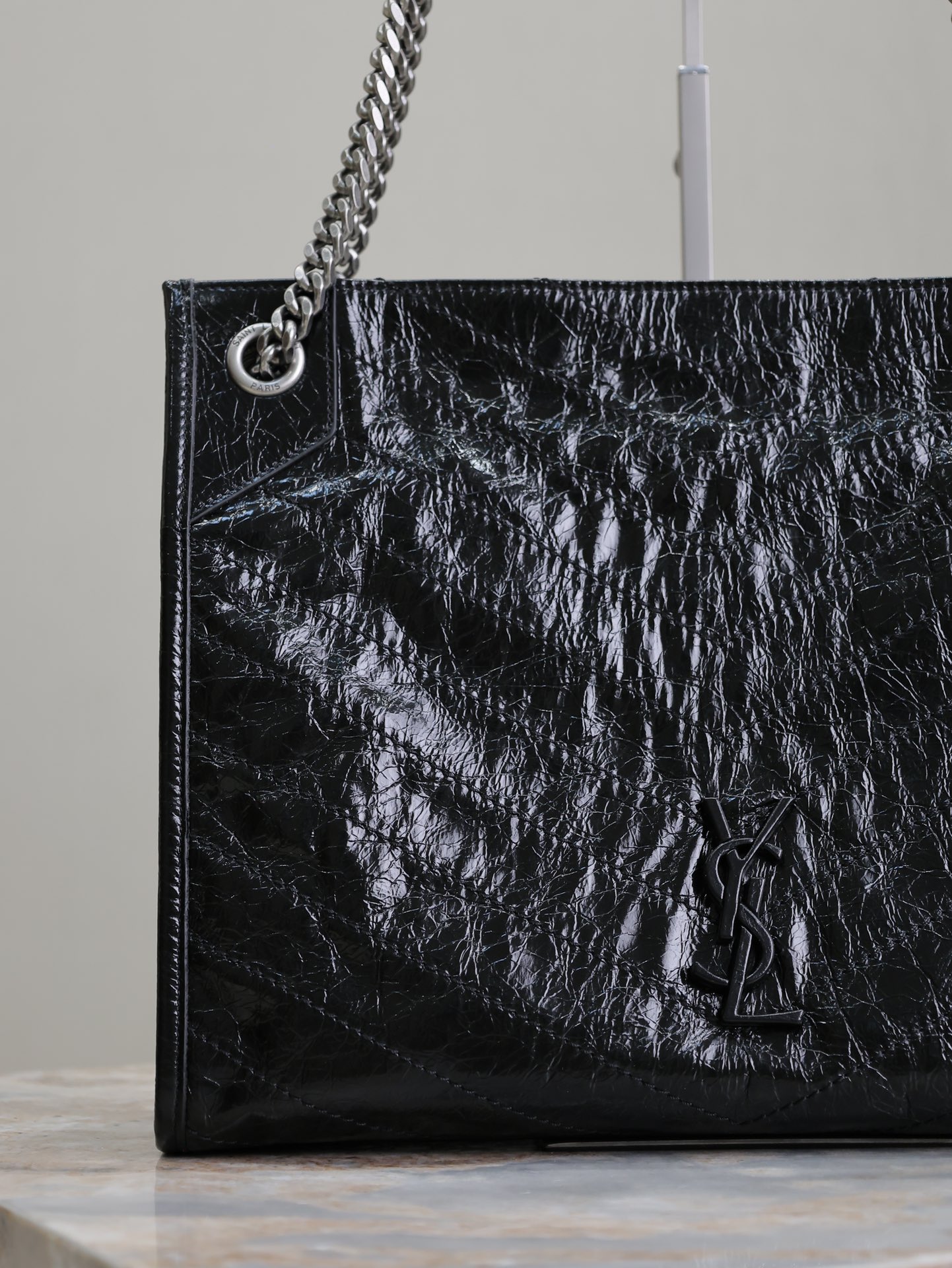 SAINT LAURENT Crinkled Calfskin Matelasse Monogram Niki Shopper Tote Black