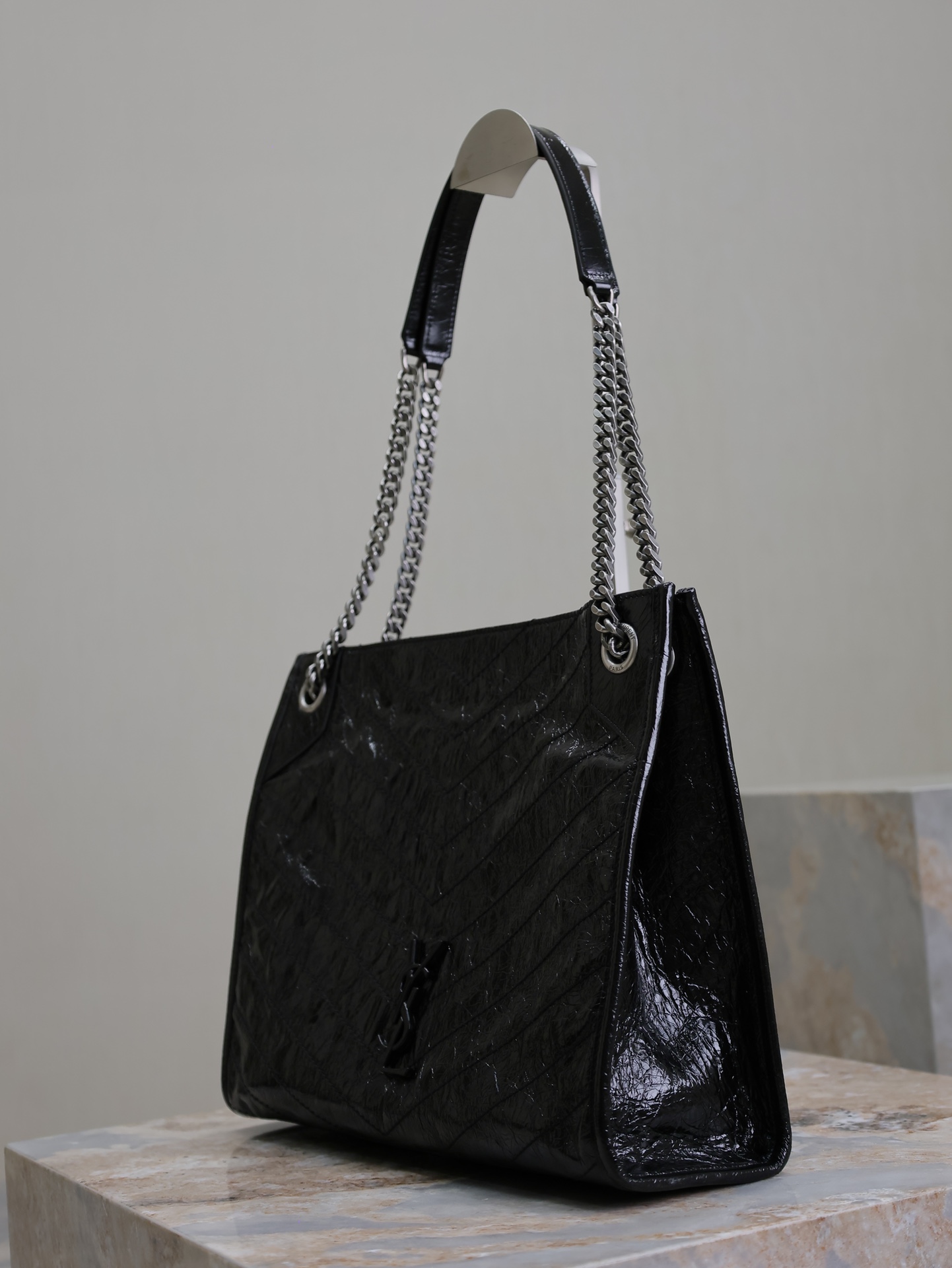 SAINT LAURENT Crinkled Calfskin Matelasse Monogram Niki Shopper Tote Black