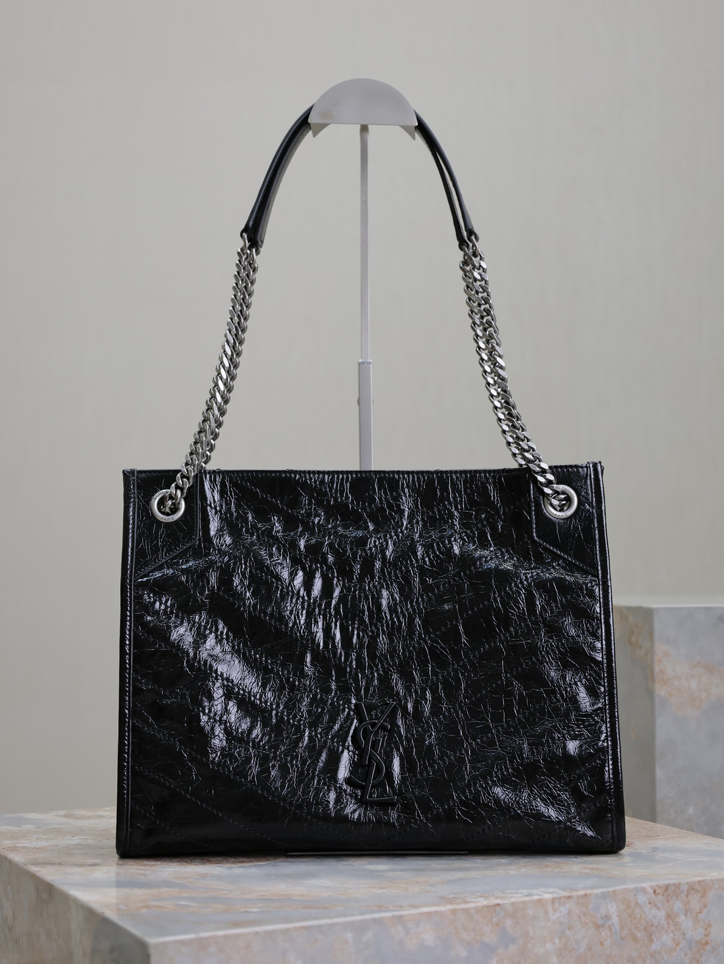 SAINT LAURENT Crinkled Calfskin Matelasse Monogram Niki Shopper Tote Black