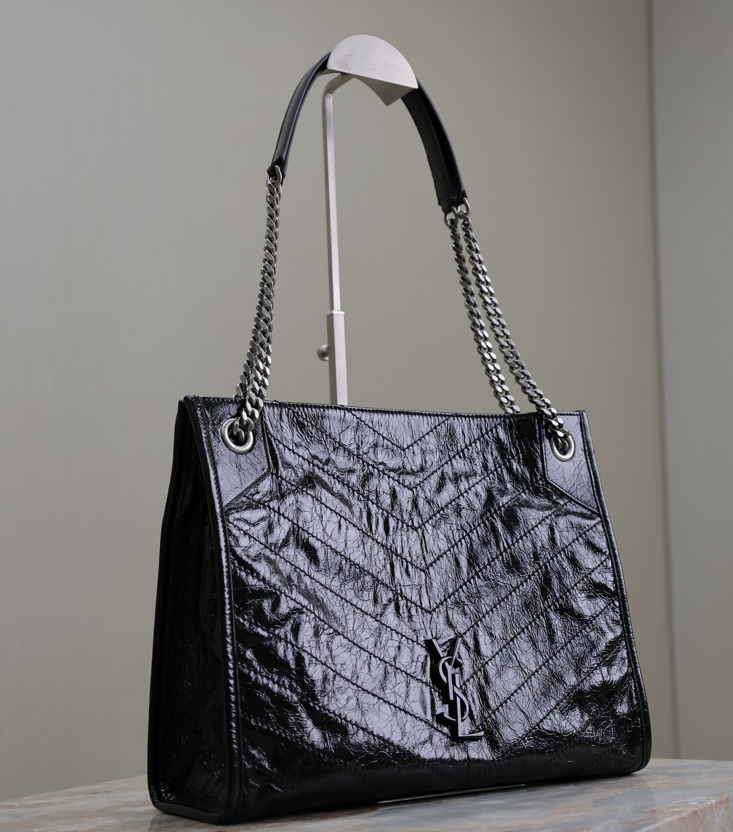 SAINT LAURENT Crinkled Calfskin Matelasse Monogram Niki Shopper Tote Black