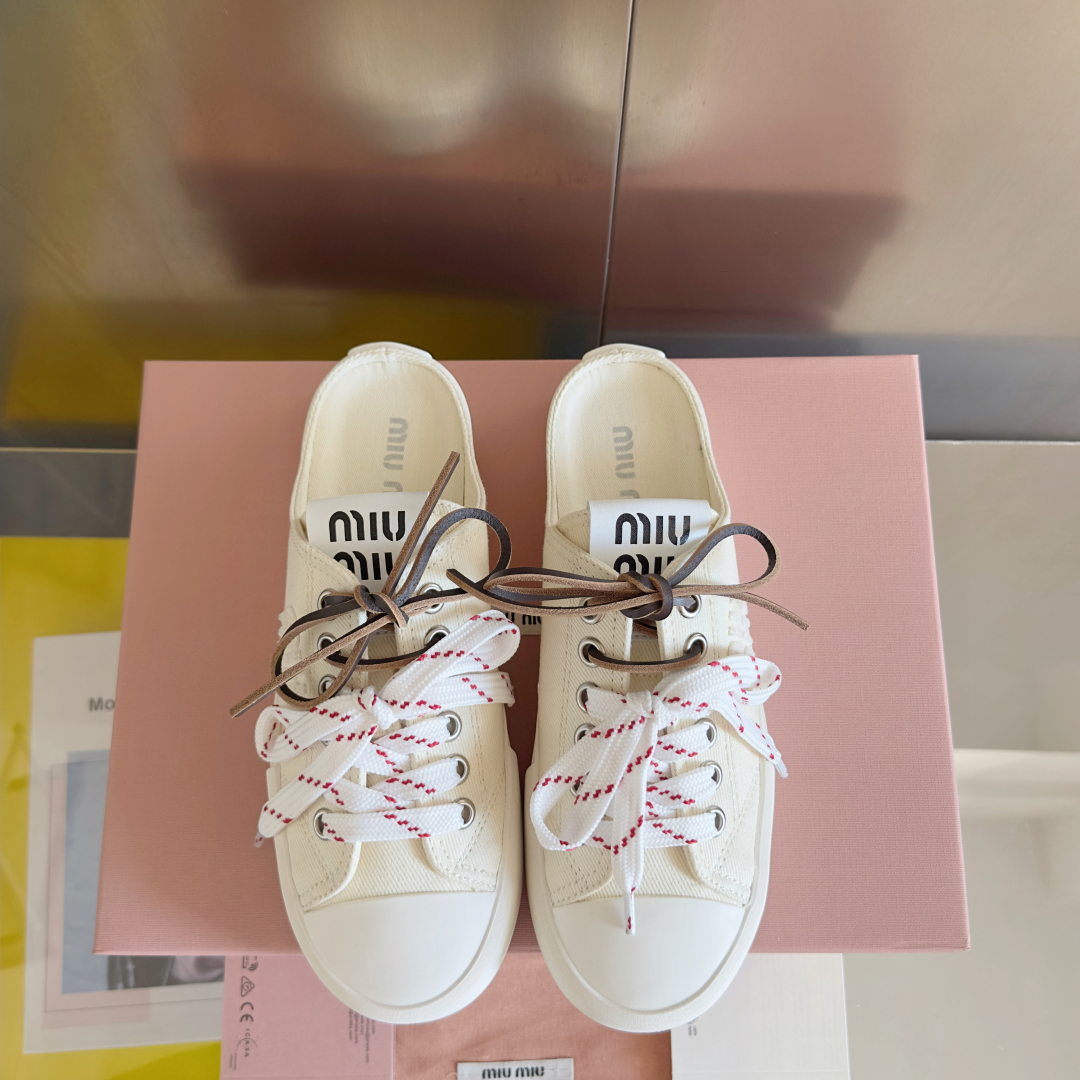 MIUMIU 25 newest washed denim canvas casual sneakers with thick soles