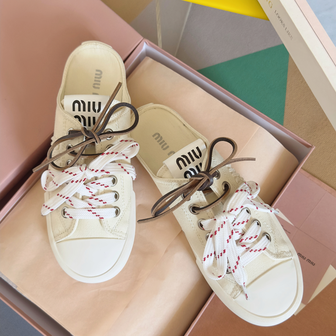MIUMIU 25 newest washed denim canvas casual sneakers with thick soles
